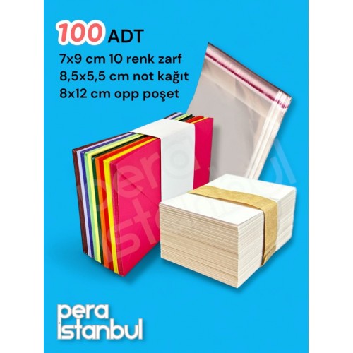 100 Adet Mini Zarf 70mmx90mm 10 Renk Zarf Hediye Doğum Günü Dilekleri Zarfı Not Kartlı Poşetli