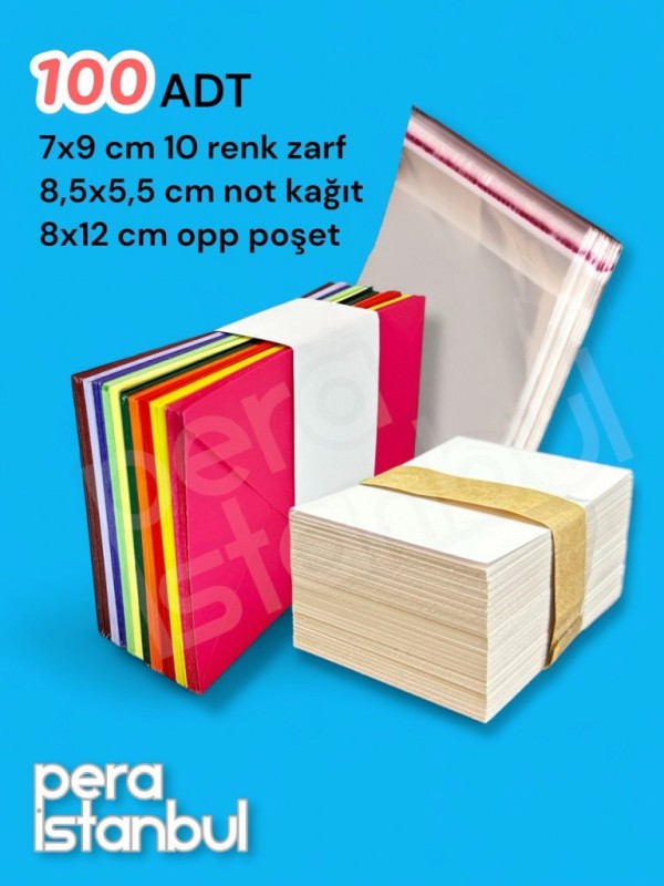 100 Adet Mini Zarf 70mmx90mm 10 Renk Zarf Hediye Doğum Günü Dilekleri Zarfı Not Kartlı Poşetli