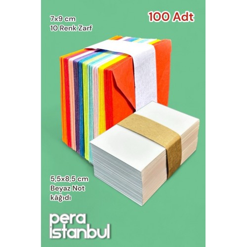 100 Adet Mini Zarf 70mmx90mm 10 Renk Zarf Hediye Doğum Günü Dilekleri Zarfı Beyaz Not Kartlı
