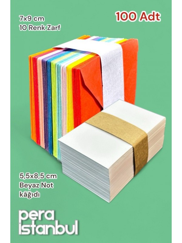 100 Adet Mini Zarf 70mmx90mm 10 Renk Zarf Hediye Doğum Günü Dilekleri Zarfı Beyaz Not Kartlı
