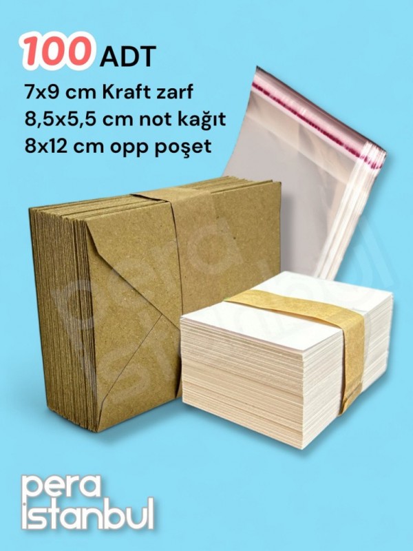 100 Adet Mini Zarf 70mmx90mm Kraft Zarf Hediye Doğum Günü Dilekleri Zarfı Beyaz Not Kartlı Poşetli