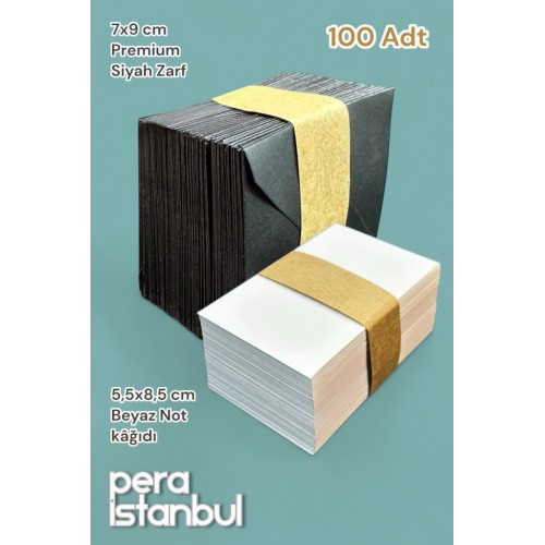 100 Adet Mini Zarf 70mmx90mm Siyah Zarf Hediye Doğum Günü Dilekleri Zarfı Beyaz Not Kartlı