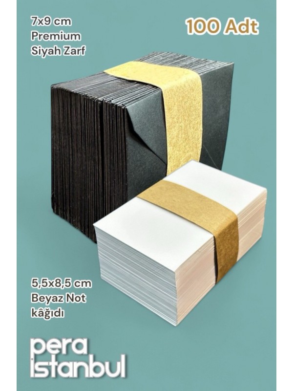 100 Adet Mini Zarf 70mmx90mm Siyah Zarf Hediye Doğum Günü Dilekleri Zarfı Beyaz Not Kartlı