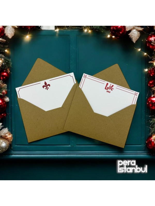 2 Adet Kratf 13x18 Zarf ve 1 Adet I Love You Desenli 1 Adet Özel Amblem Desenli Hediye Not Kartı Set