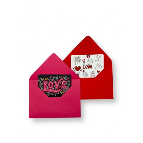 2 Adet Renkli 13x18 Zarf ve 1 Adet Love Yazı Desenli 1 Adet Kedili Love Yazılı Hediye Not Kartı Seti