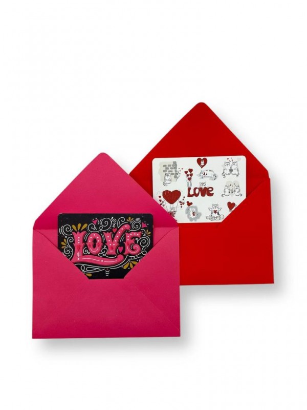 2 Adet Renkli 13x18 Zarf ve 1 Adet Love Yazı Desenli 1 Adet Kedili Love Yazılı Hediye Not Kartı Seti