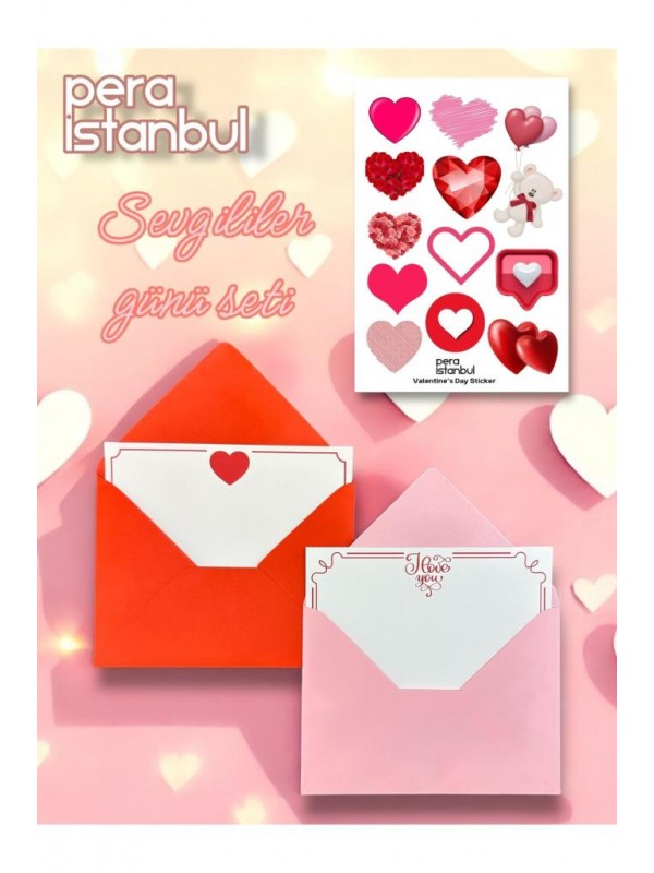 2 Adet Renkli 13x18 Zarf ve Hediyelik Not Kartı Sticker Seti Sevgililer Günü Yıl Dönümü Not Kartı