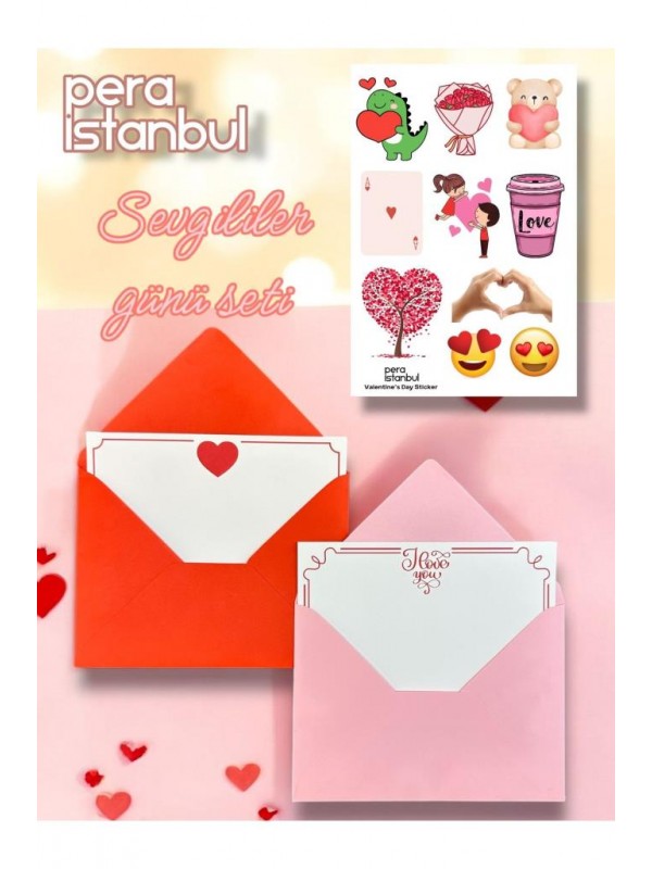 2 Adet Renkli 13x18 Zarf ve Hediyelik Not Kartı Sticker Seti Sevgililer Günü Yıl Dönümü Not Kartı