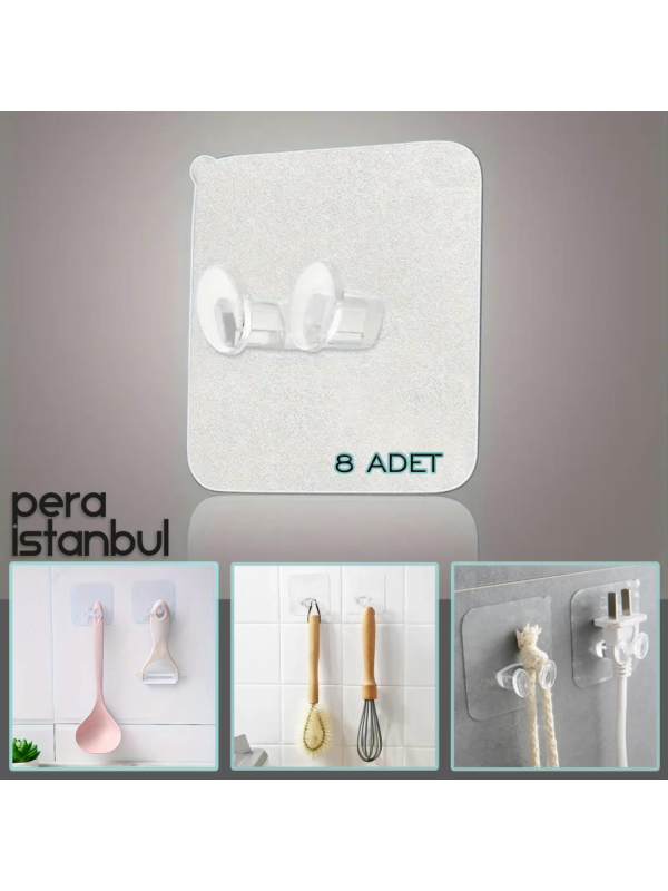 8 Adet Süper Güçlü Şeffaf Resim Mutfak Kancası Çerçeve Askısı Kendinden Yapışkanlı Şeffaf Yapışkan