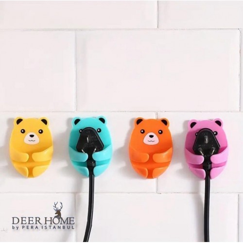 Çok Amaçlı Ayıcık Desenli 4'lü Yapışkanlı Fiş Askısı Tutucu Pratik Şarj Kablo Tutucu 4lü Set