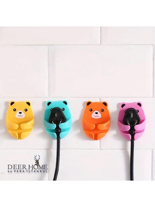 Çok Amaçlı Ayıcık Desenli 4'lü Yapışkanlı Fiş Askısı Tutucu Pratik Şarj Kablo Tutucu 4lü Set
