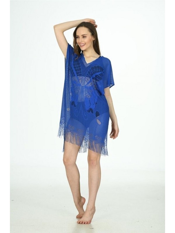 Kelebek Desenli Yanı Yırtmaçlı Püsküllü Tül Transparan Yaz Elbisesi Yeni Sezon Pareo