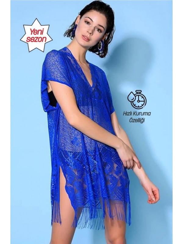 Yeni Sezon Kadın Narin Yanı Yırtmaçlı Püsküllü Tül Transparan Hızlı Kuruyan Yaz Elbisesi Pareo